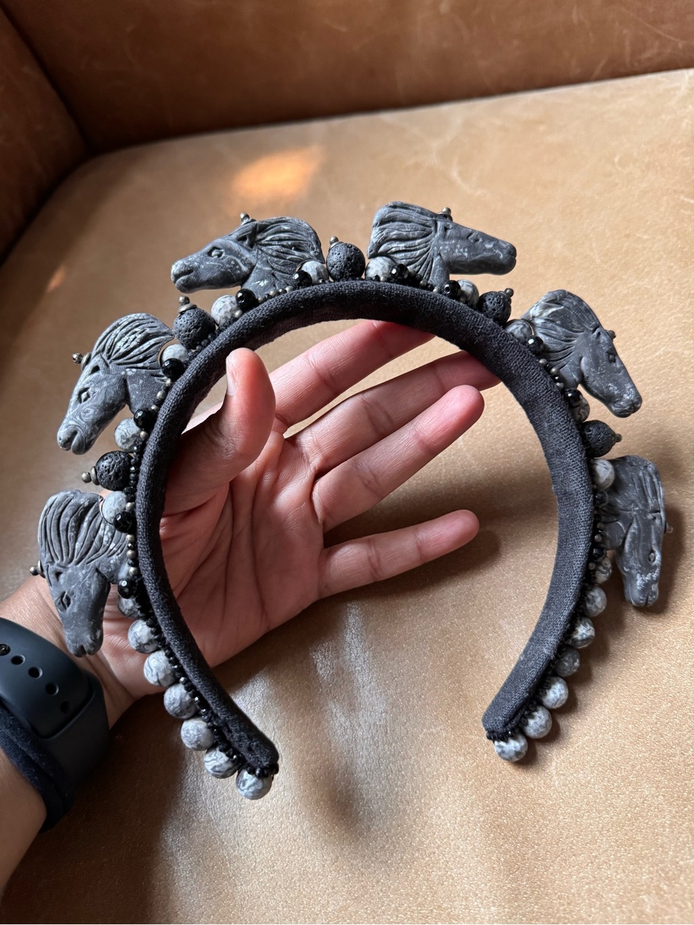 Horse Beaded Handcrafted Headband stone horse beads grey and black